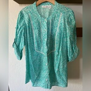St. John’s Bay|Mint Blue Polka Dot Button Down Long Sleeve Blouse with Crotchet•